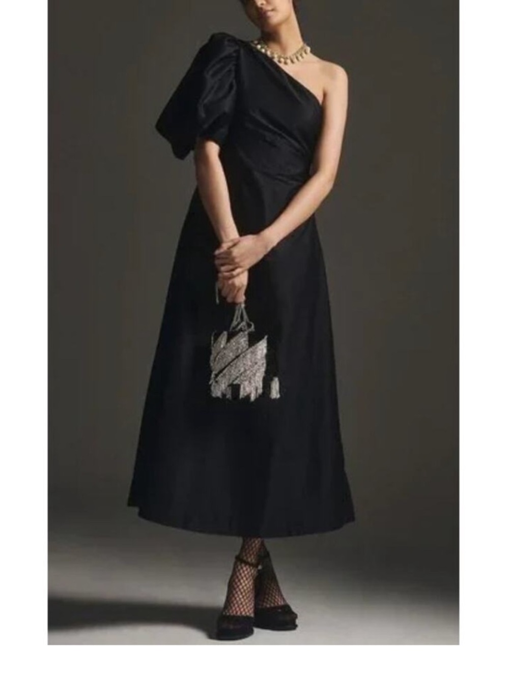 Anthropologie Aureta Black 1 Shoulder Side Ruching Midi Dress w/ Puff Sleeve